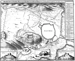 Plan der Stadt Brünn im Jahr 1645, also während der Belagerung durch die Schweden, von Merian